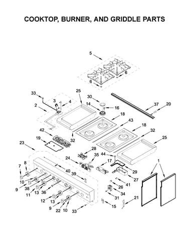Cooktop, burner, and griddle parts