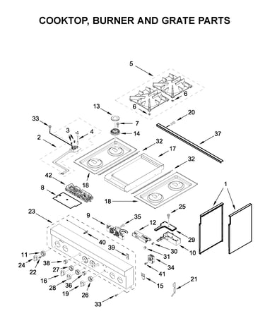 Cooktop, burner and grate parts