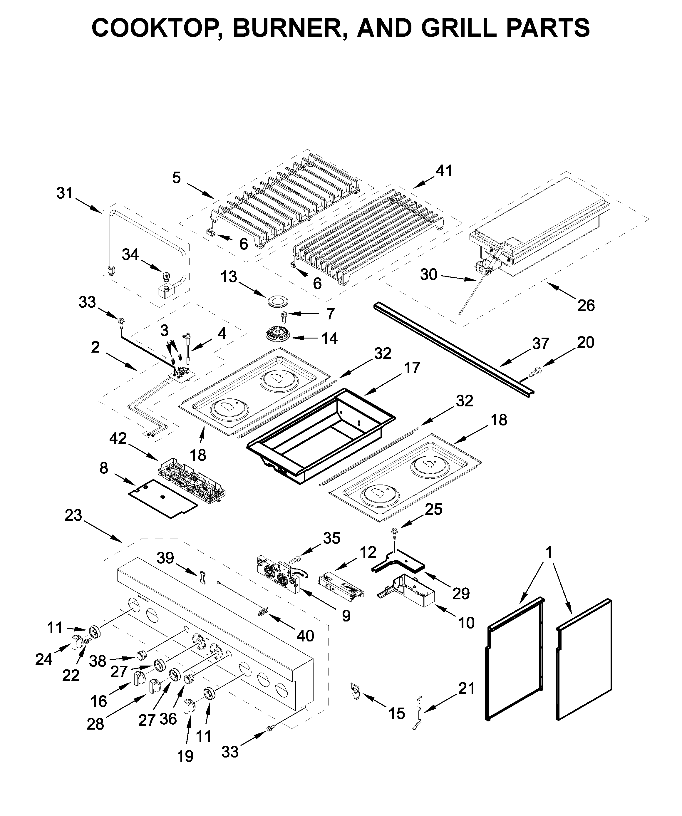 Cooktop, burner, and grill parts