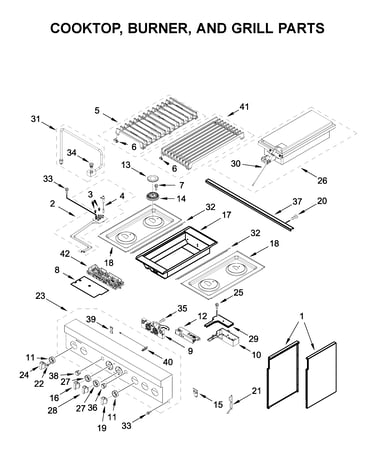 Cooktop, burner, and grill parts