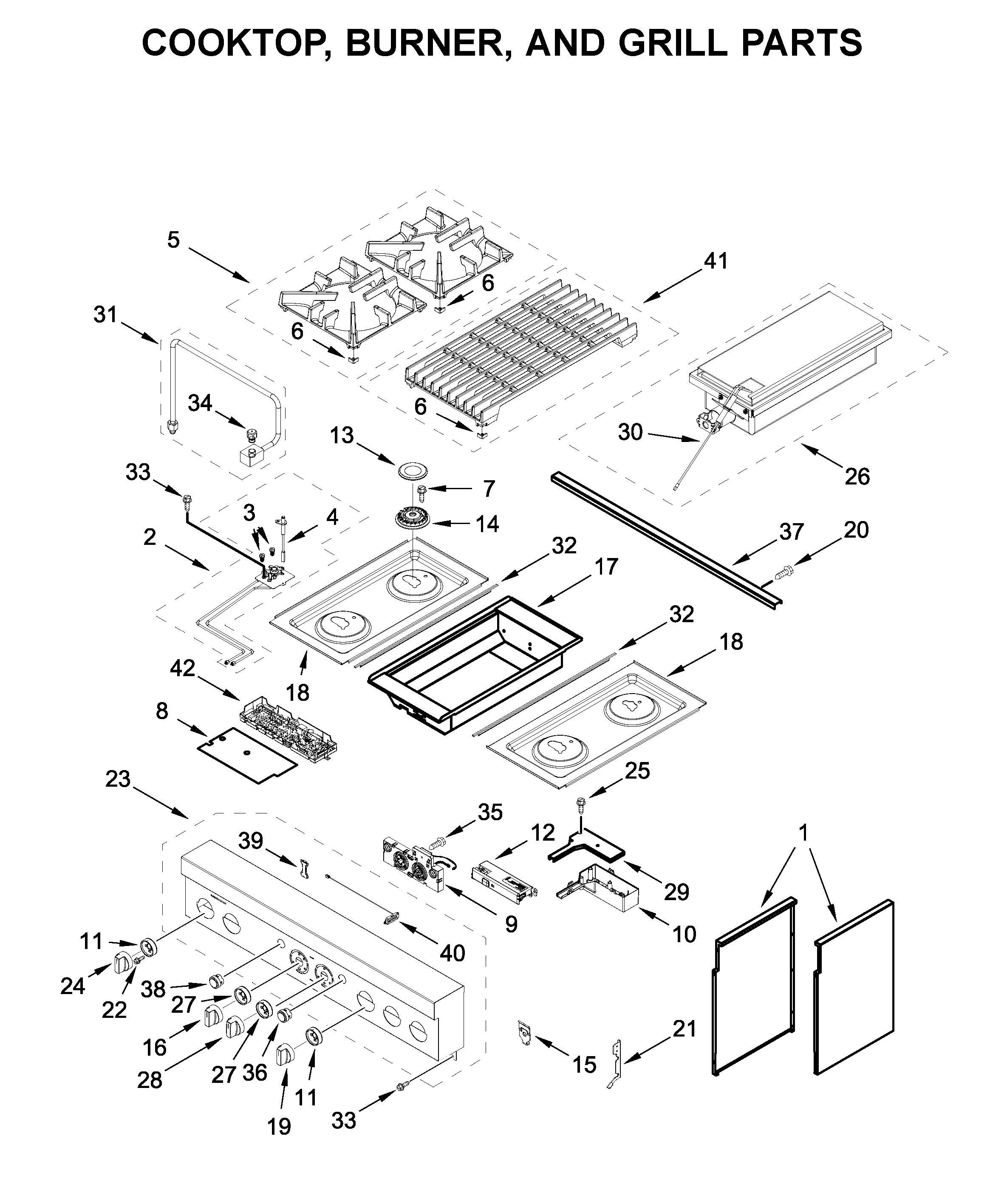 Cooktop, burner, and grill parts