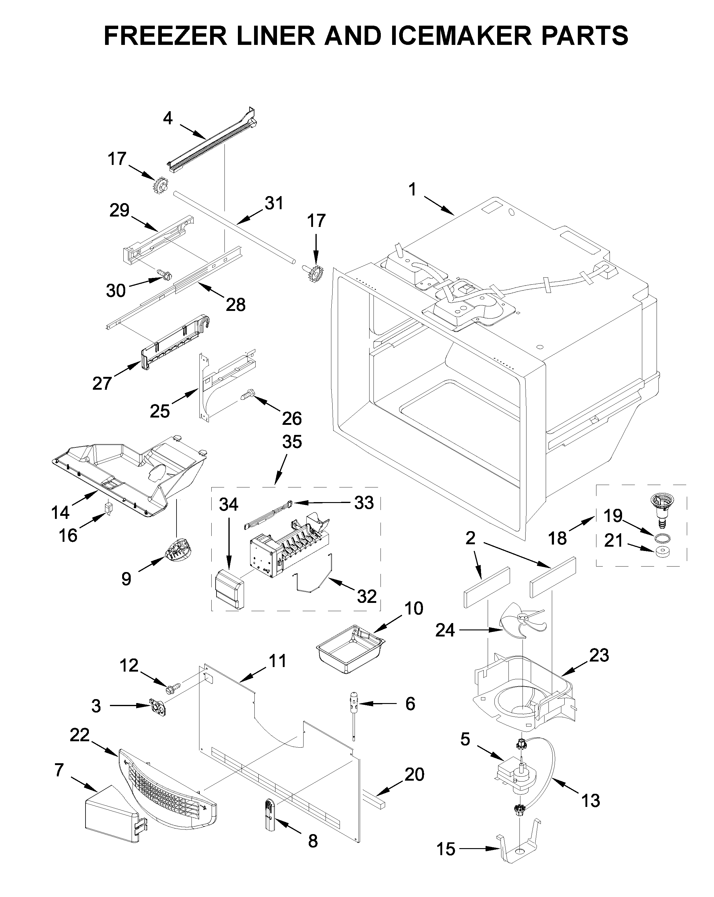 Freezer liner and icemaker parts