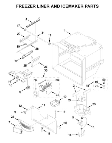 Freezer liner and icemaker parts