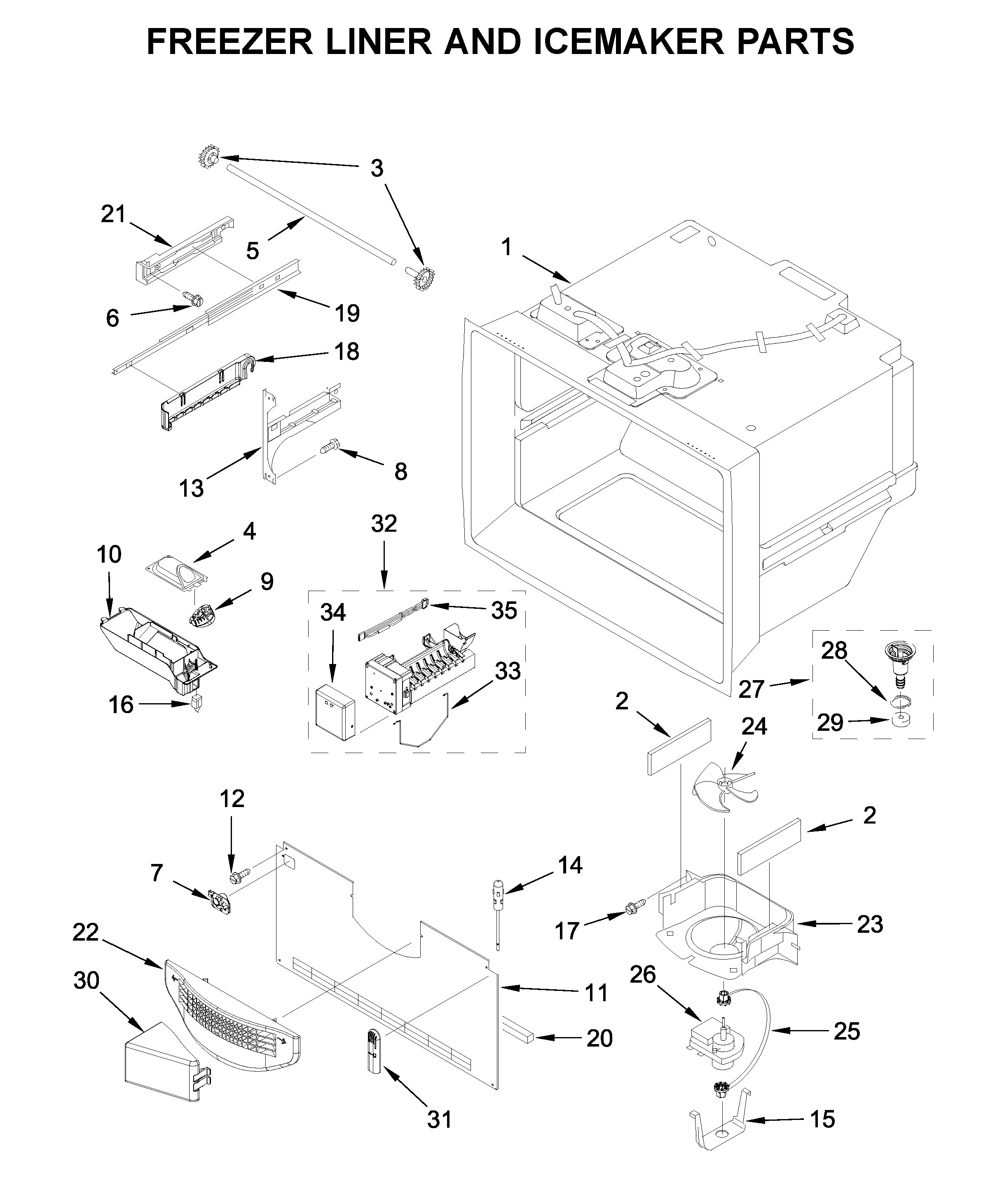 Freezer liner and icemaker parts