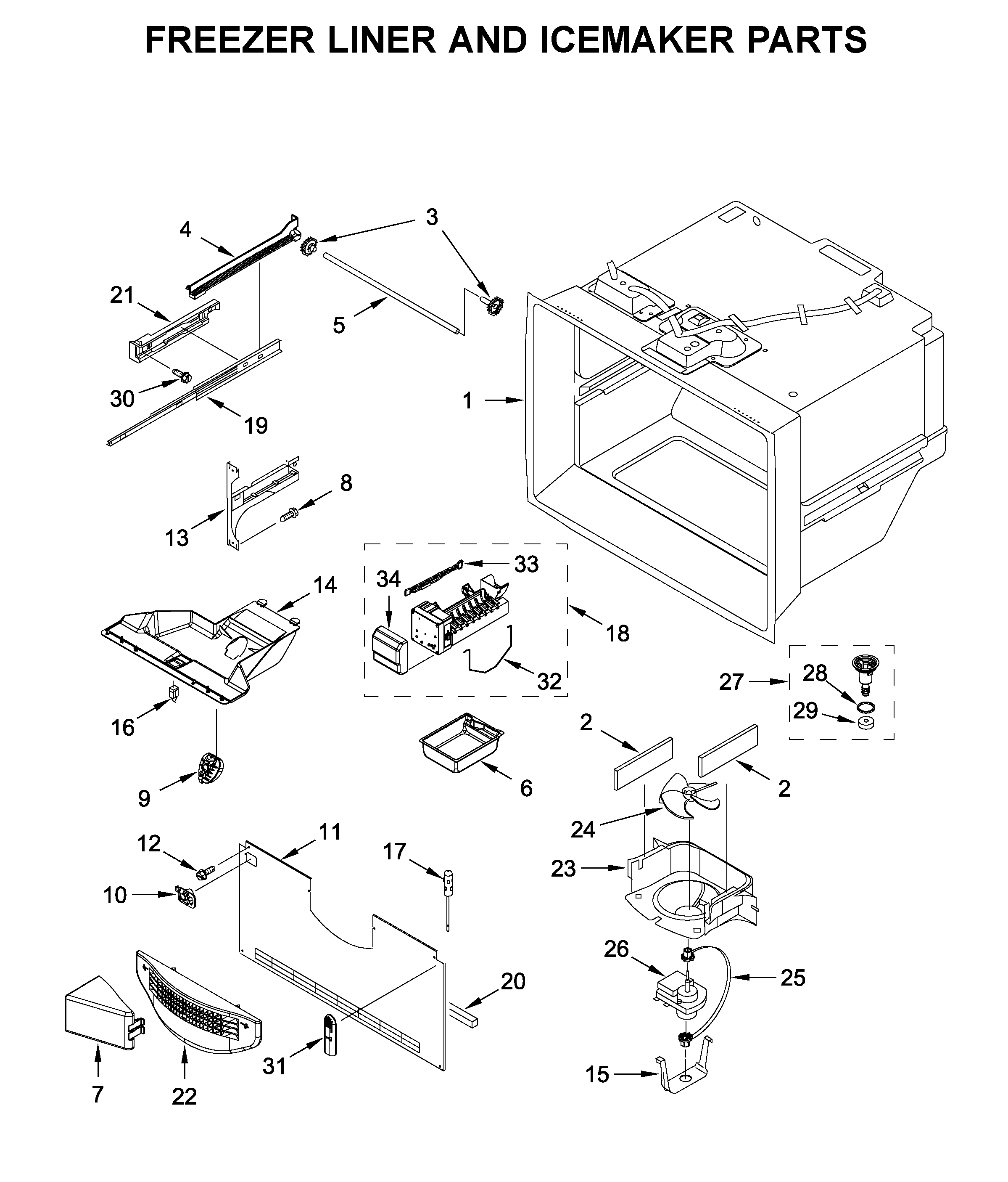Freezer liner and icemaker parts