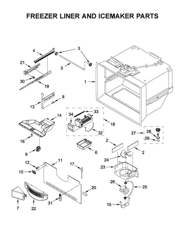 Freezer liner and icemaker parts