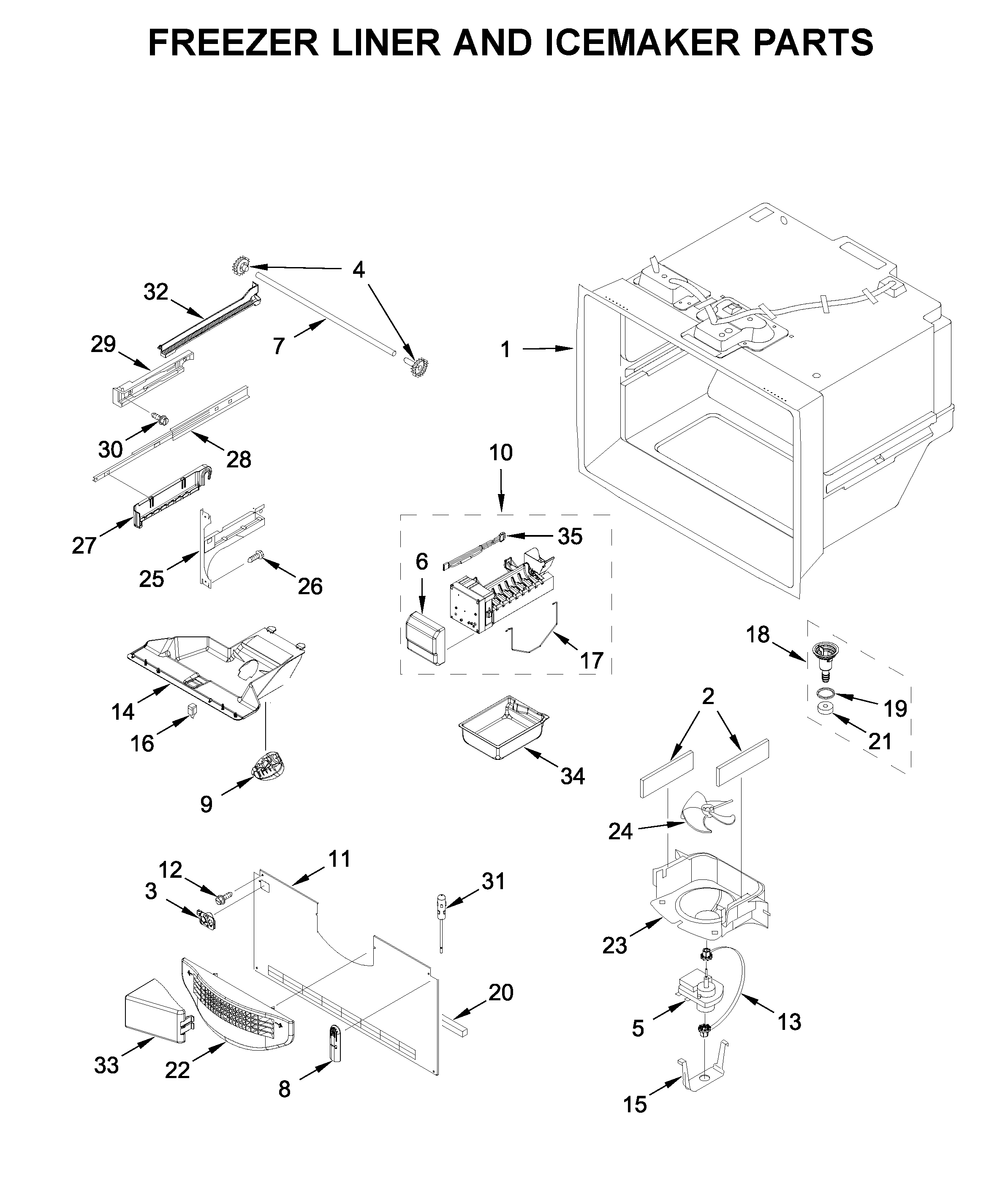 Freezer liner and icemaker parts