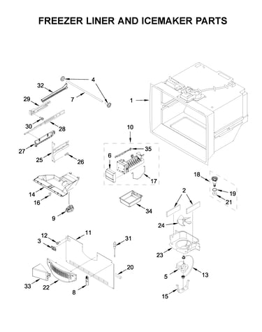 Freezer liner and icemaker parts