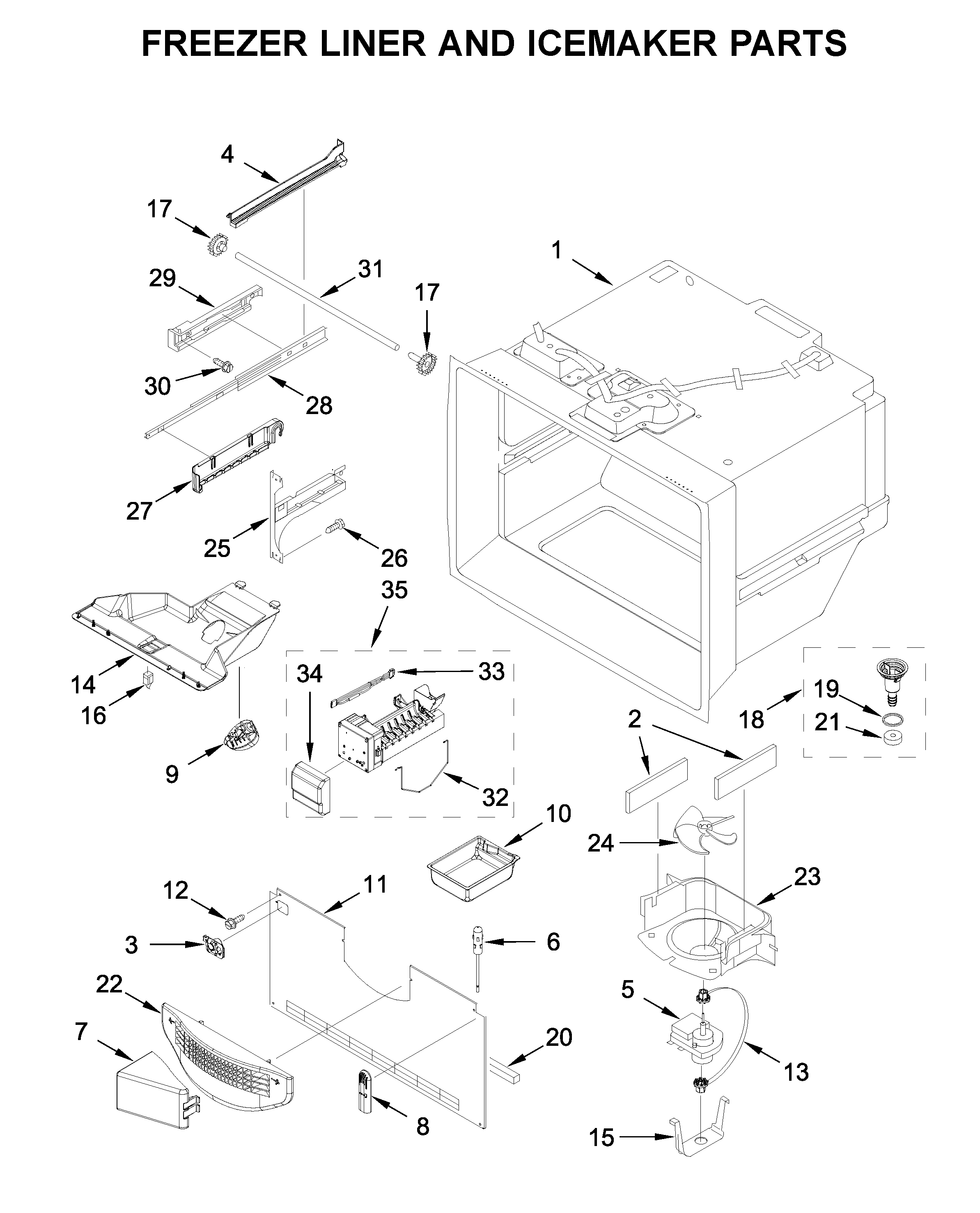 Freezer liner and icemaker parts
