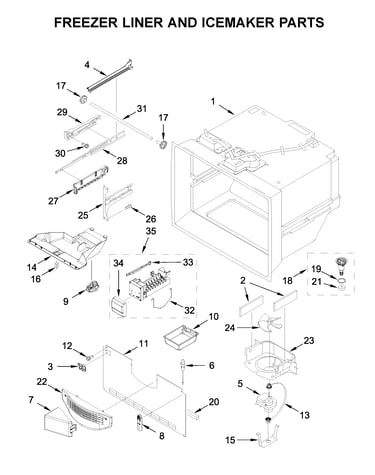 Freezer liner and icemaker parts