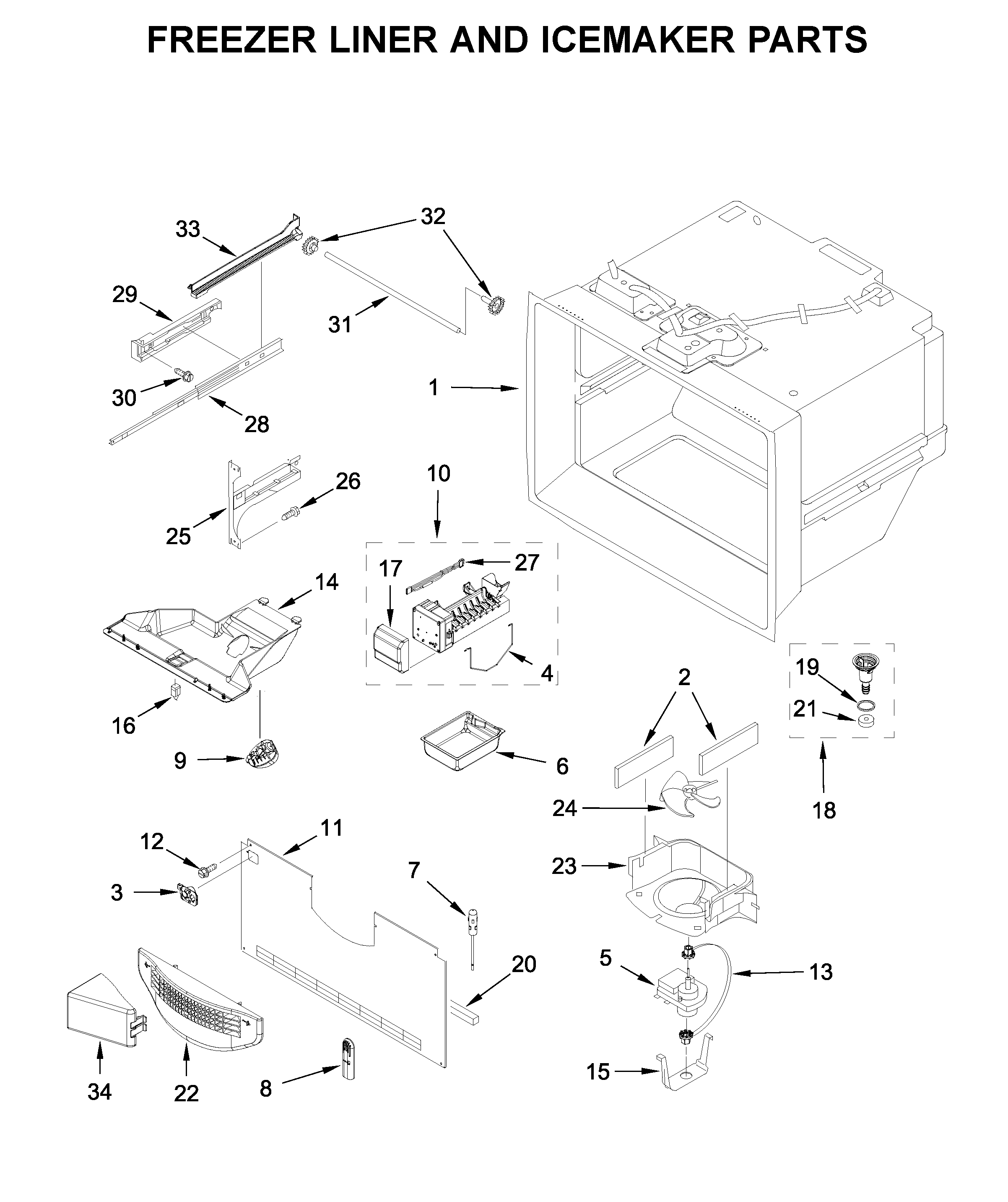 Freezer liner and icemaker parts