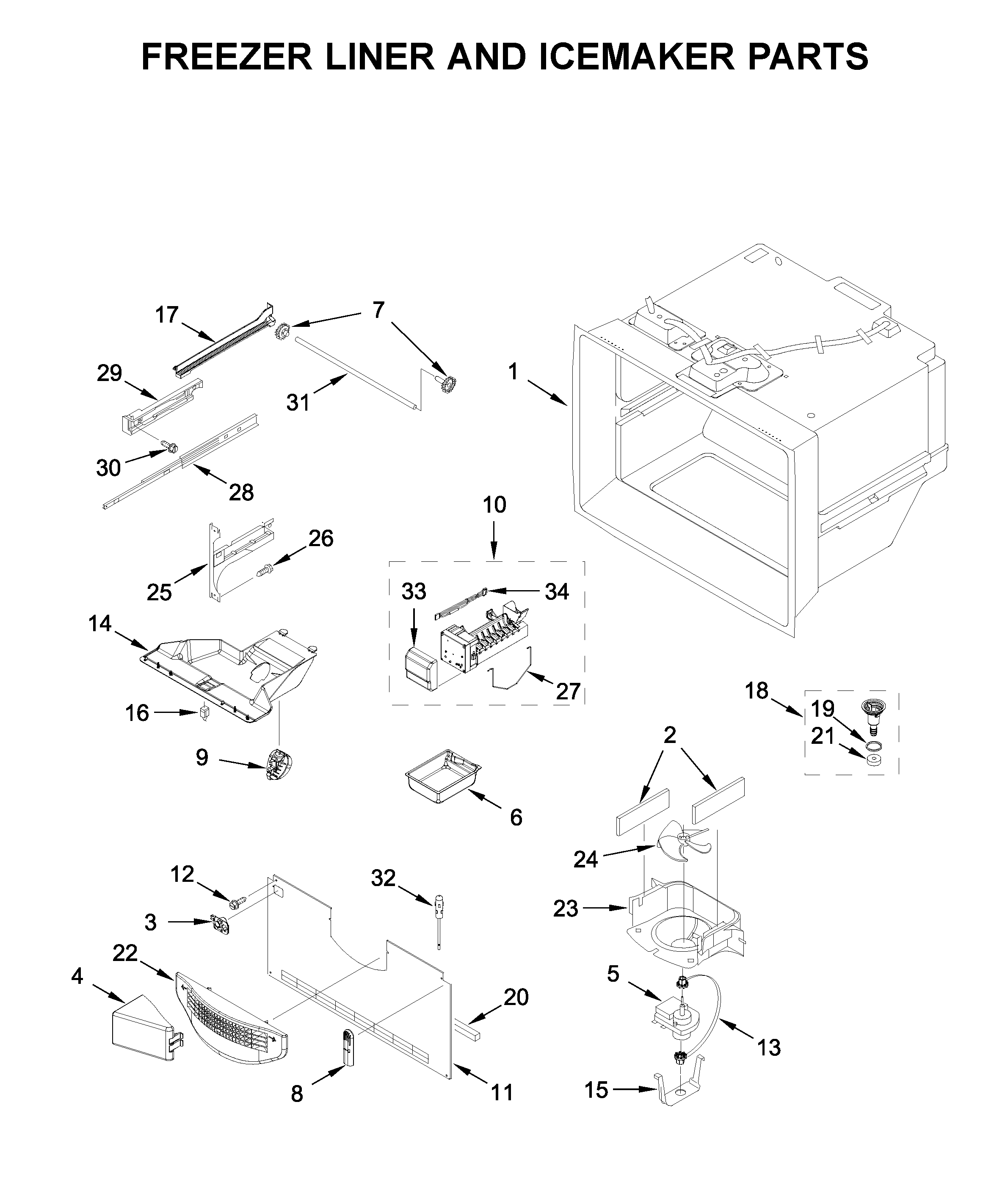 Freezer liner and icemaker parts