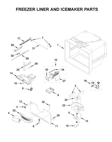 Freezer liner and icemaker parts