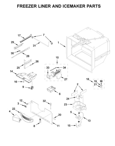 Freezer liner and icemaker parts