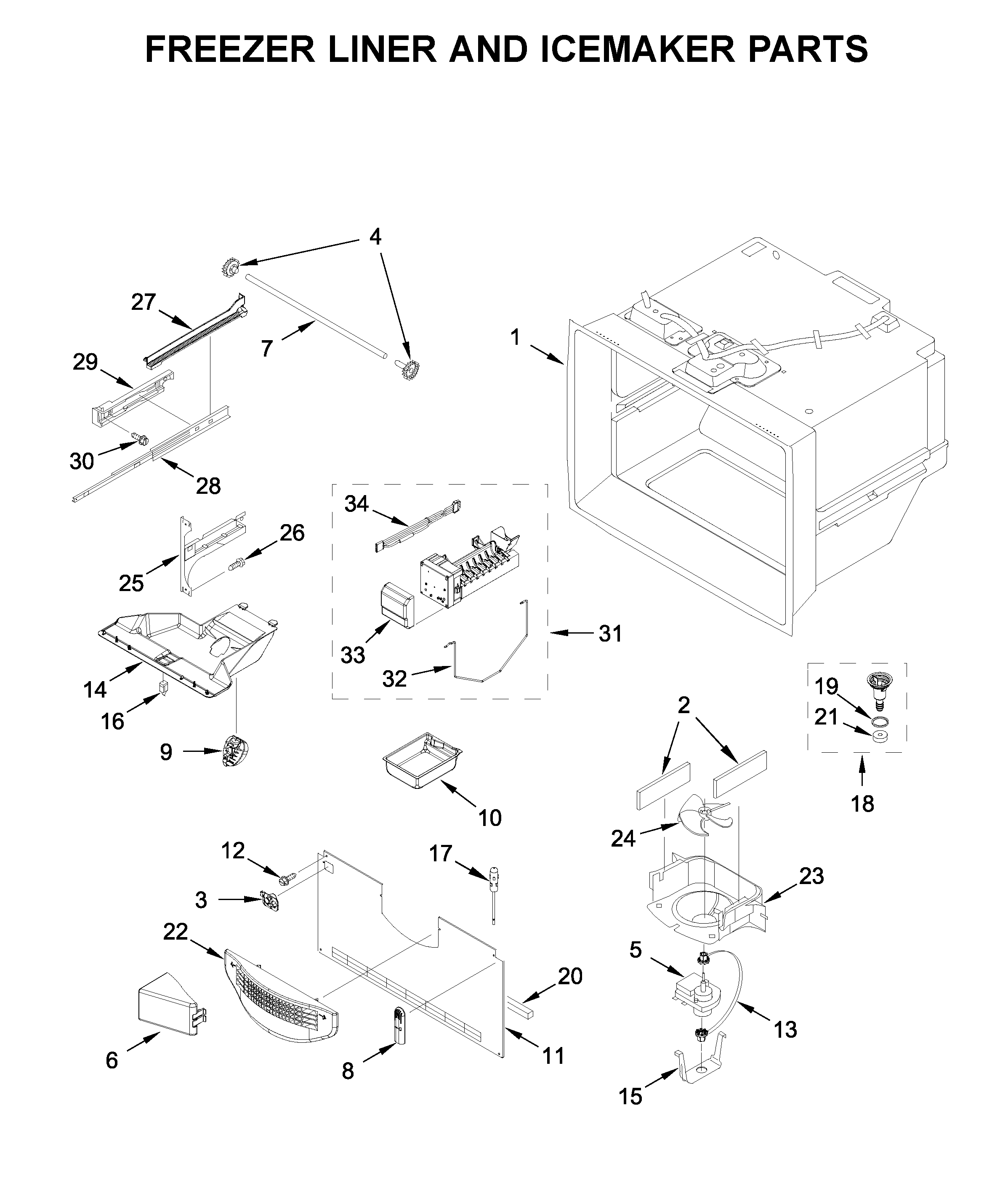 Freezer liner and icemaker parts