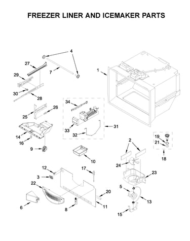 Freezer liner and icemaker parts