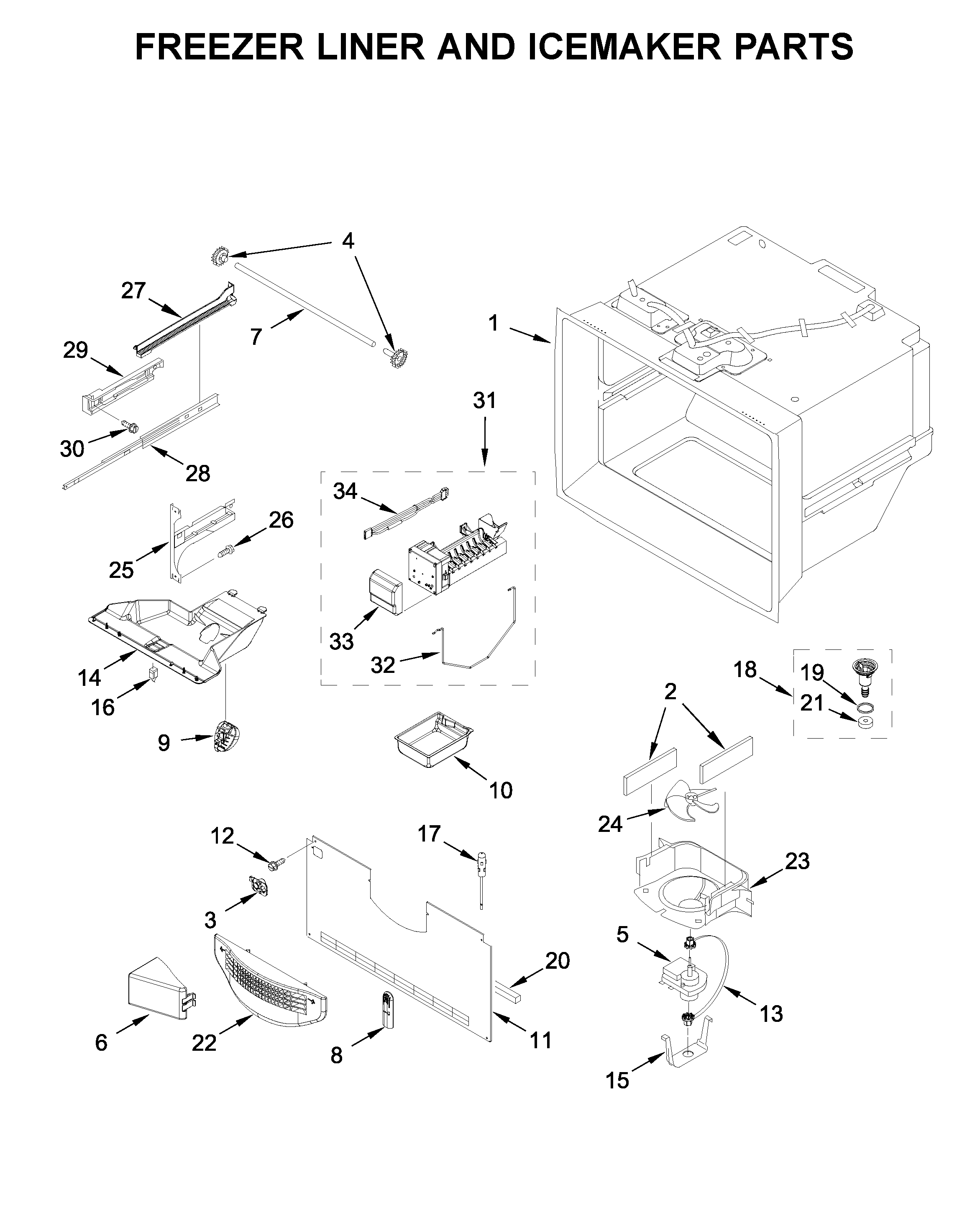 Freezer liner and icemaker parts