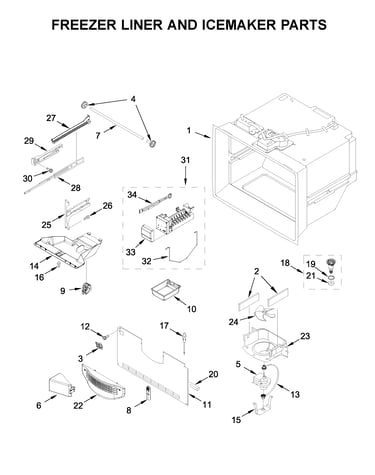 Freezer liner and icemaker parts