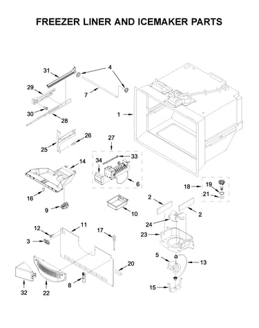 Freezer liner and icemaker parts