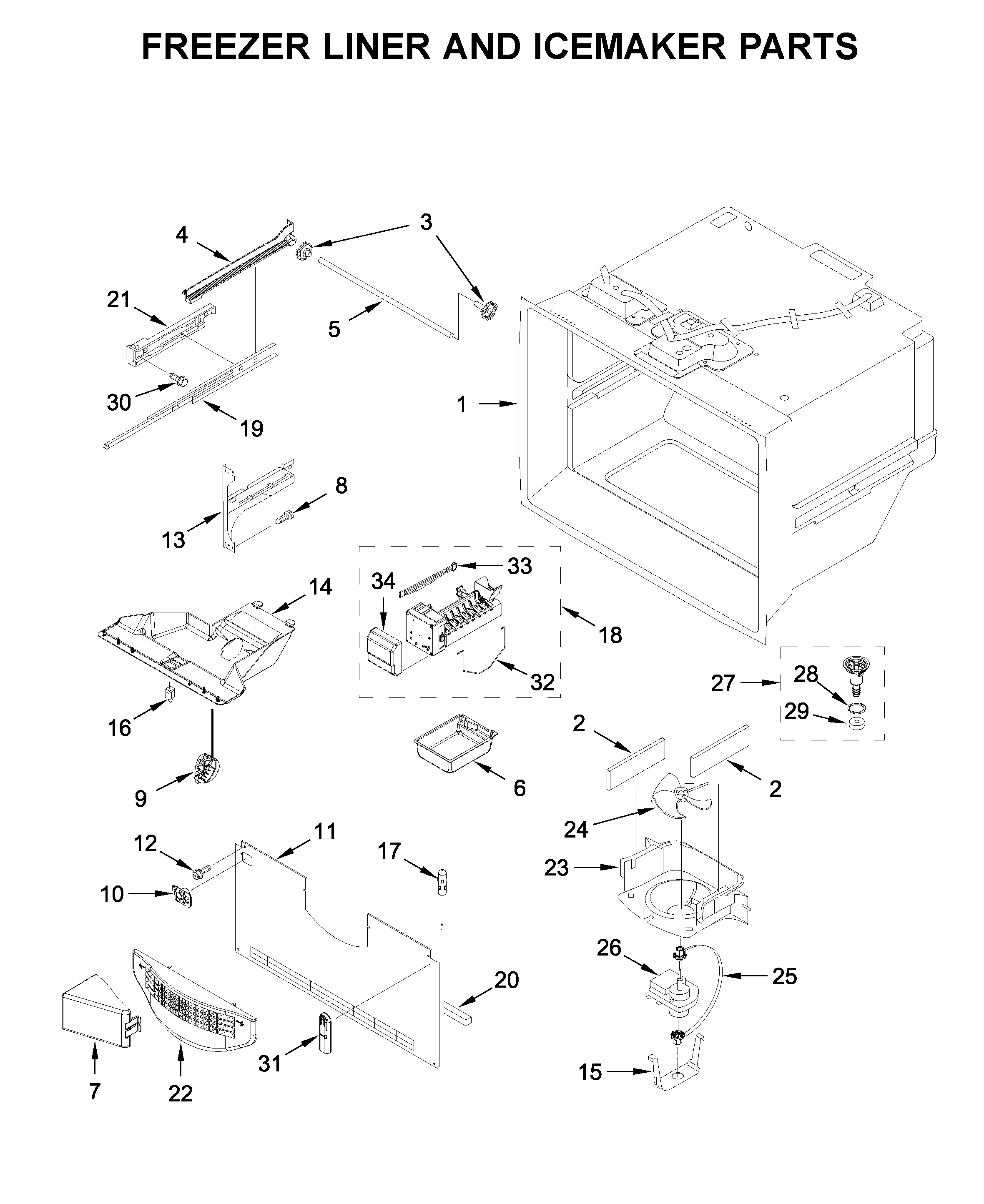 Freezer liner and icemaker parts