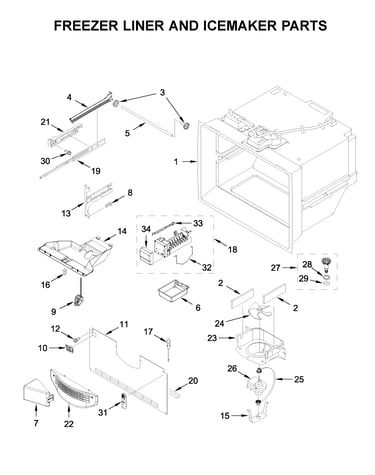 Freezer liner and icemaker parts