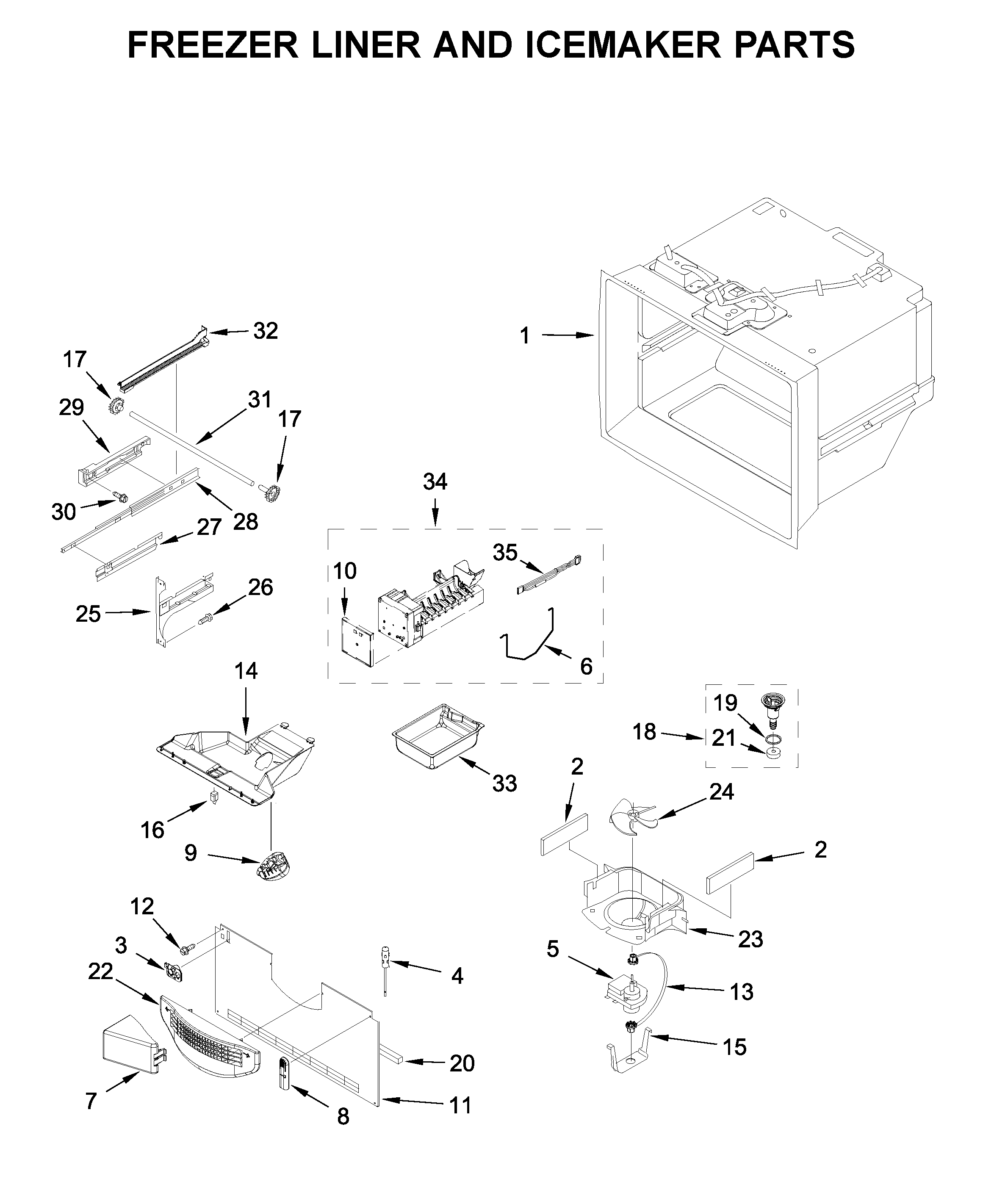 Freezer liner and icemaker parts