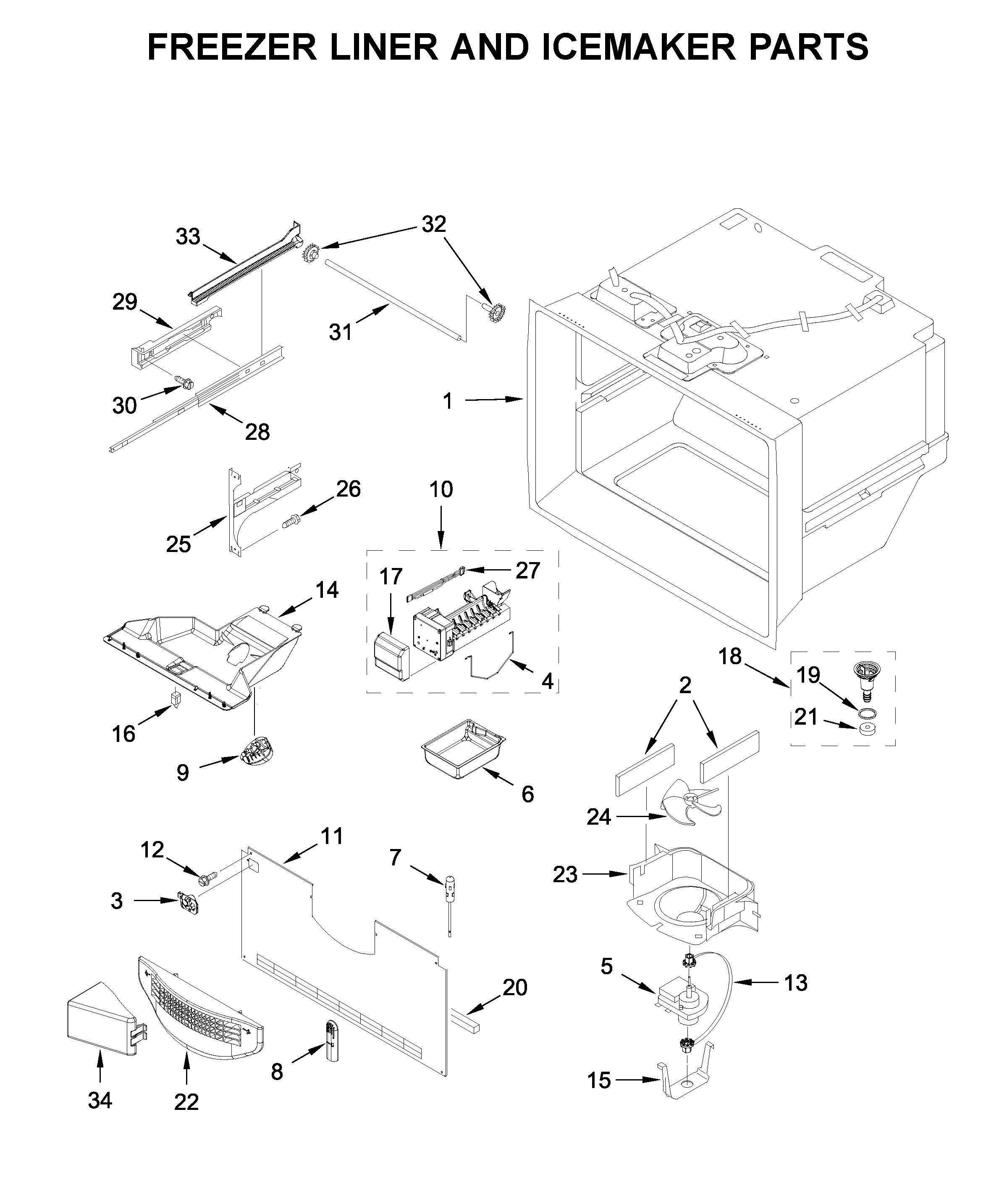 Freezer liner and icemaker parts