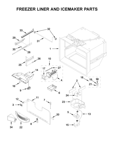 Freezer liner and icemaker parts