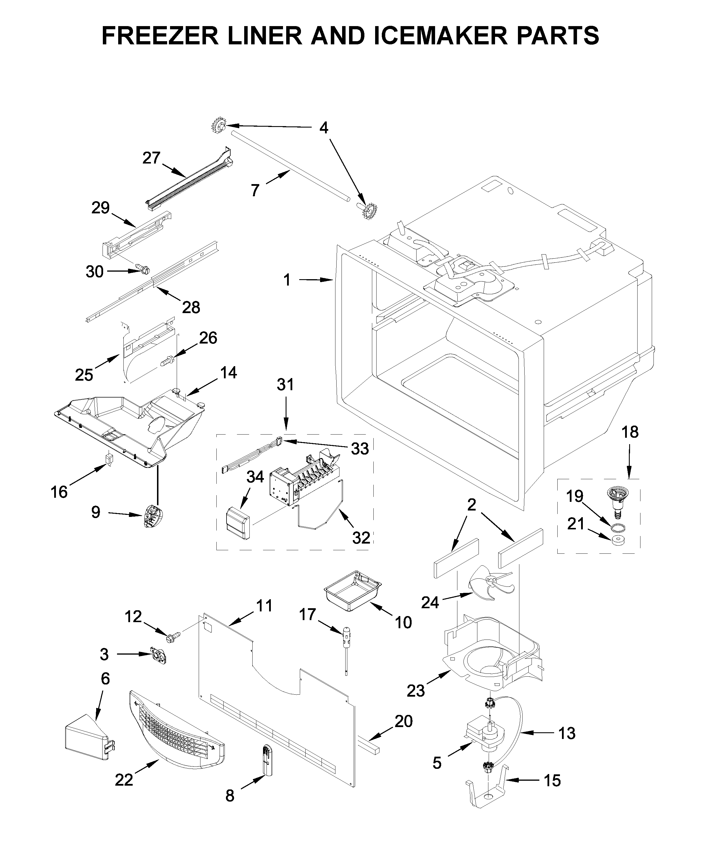 Freezer liner and icemaker parts