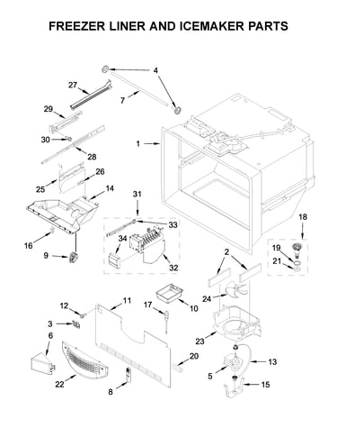 Freezer liner and icemaker parts