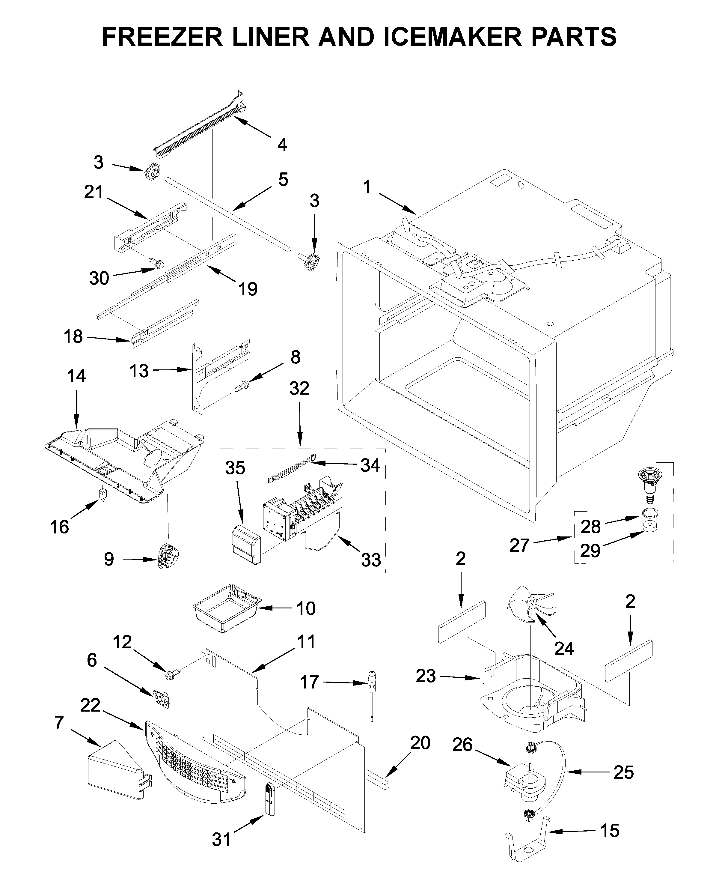 Freezer liner and icemaker parts