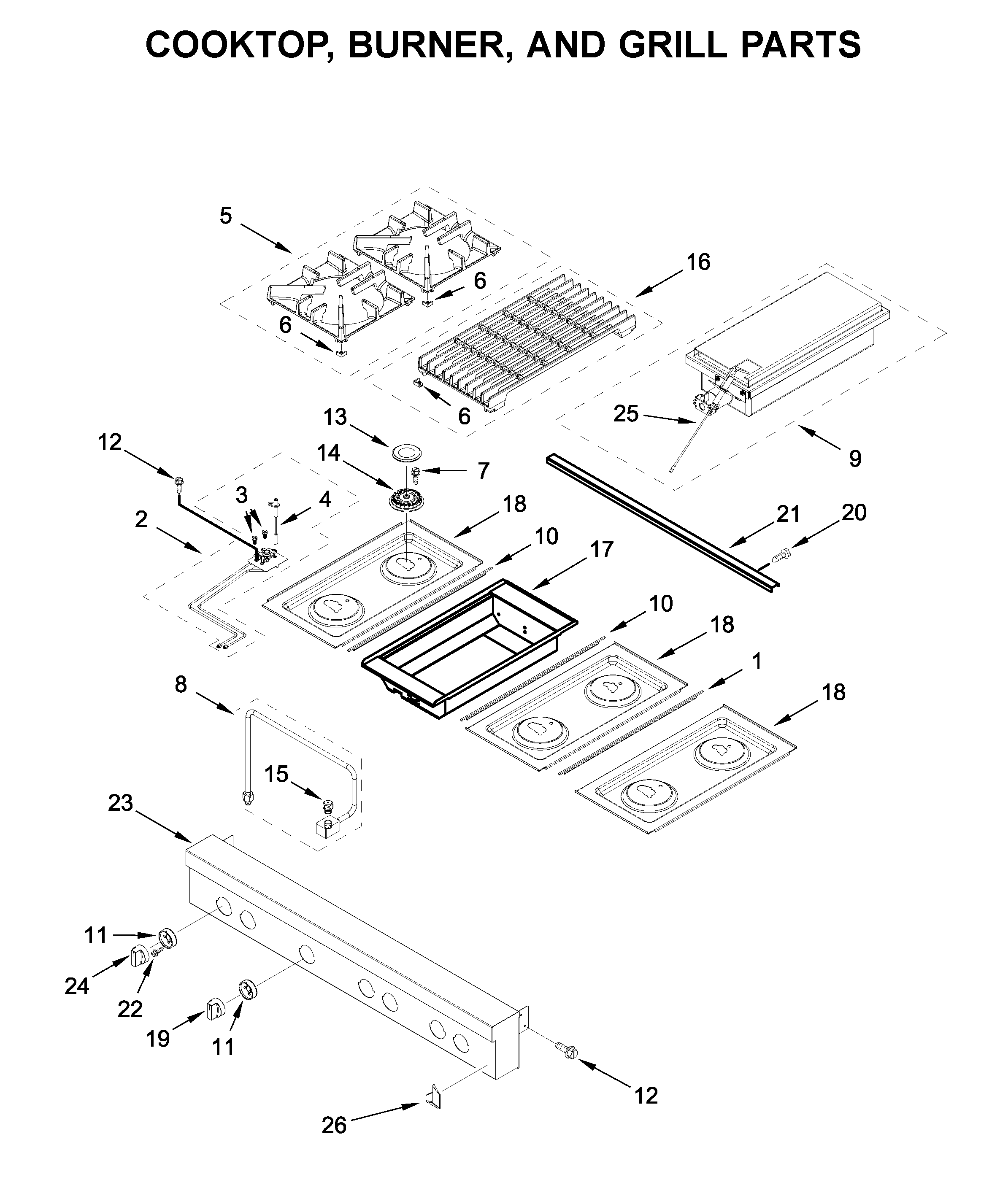 Cooktop, burner, and grill parts