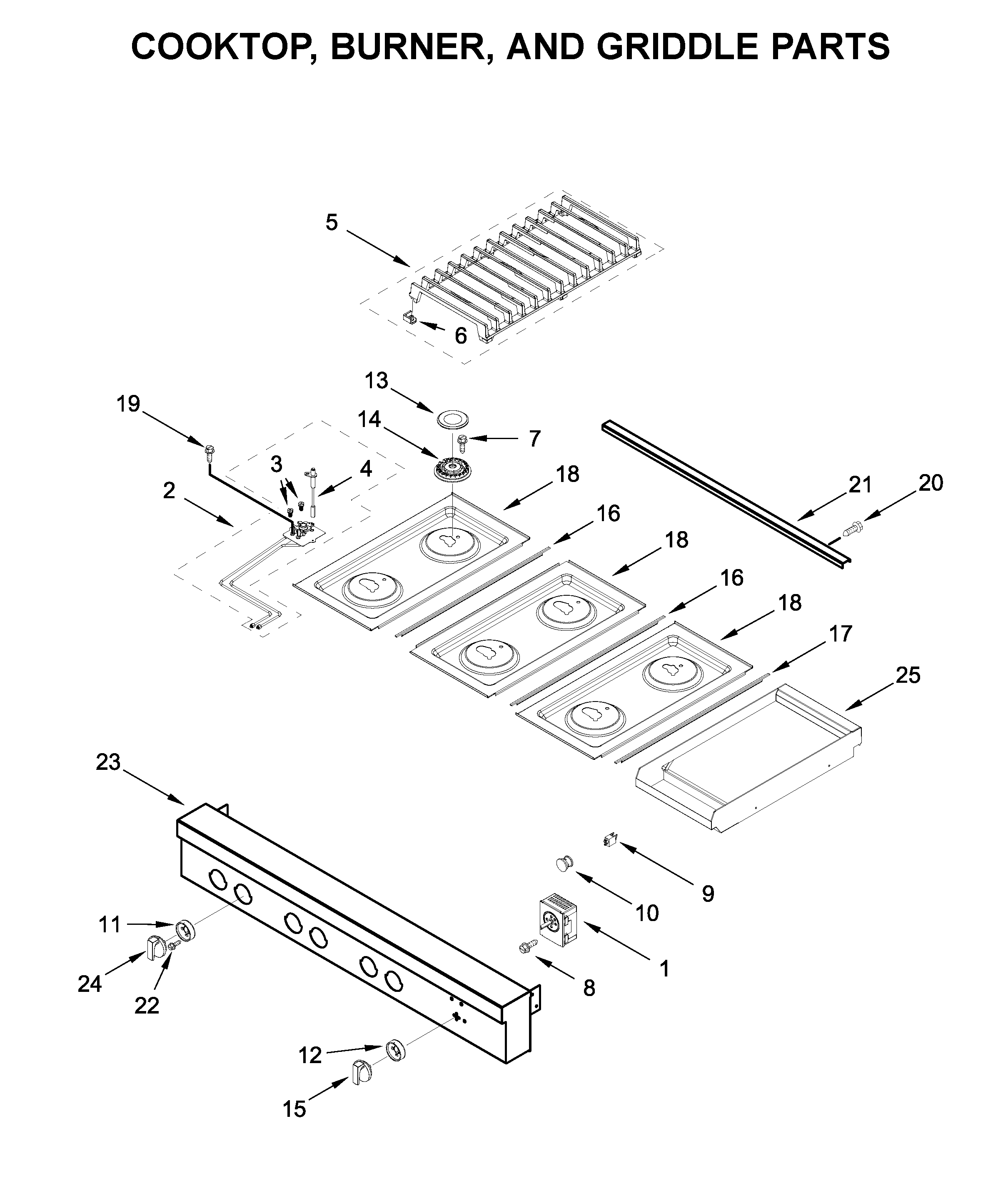Cooktop, burner, and griddle parts