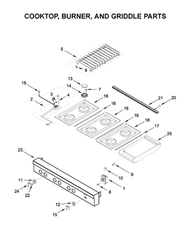 Cooktop, burner, and griddle parts