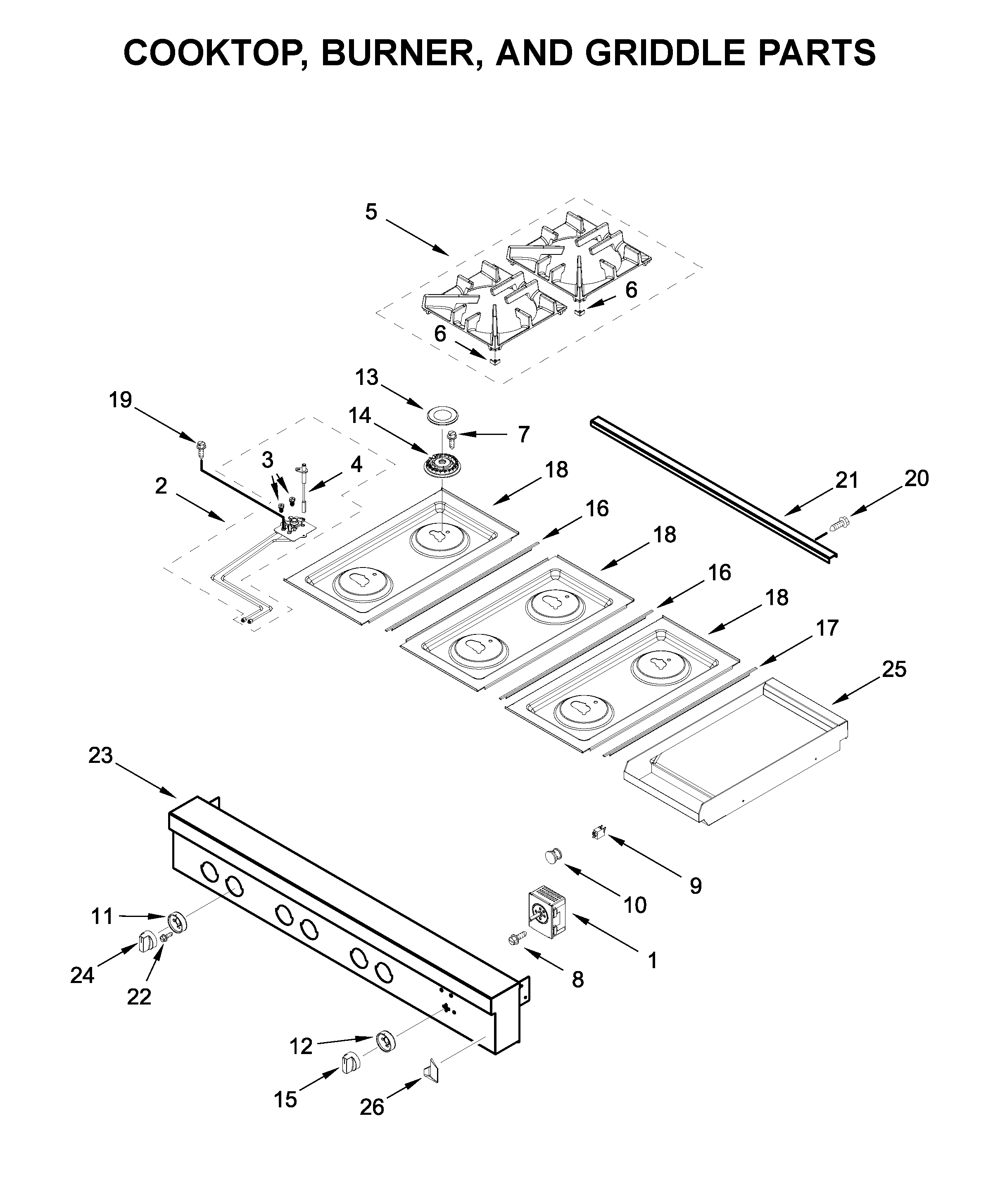 Cooktop, burner, and griddle parts