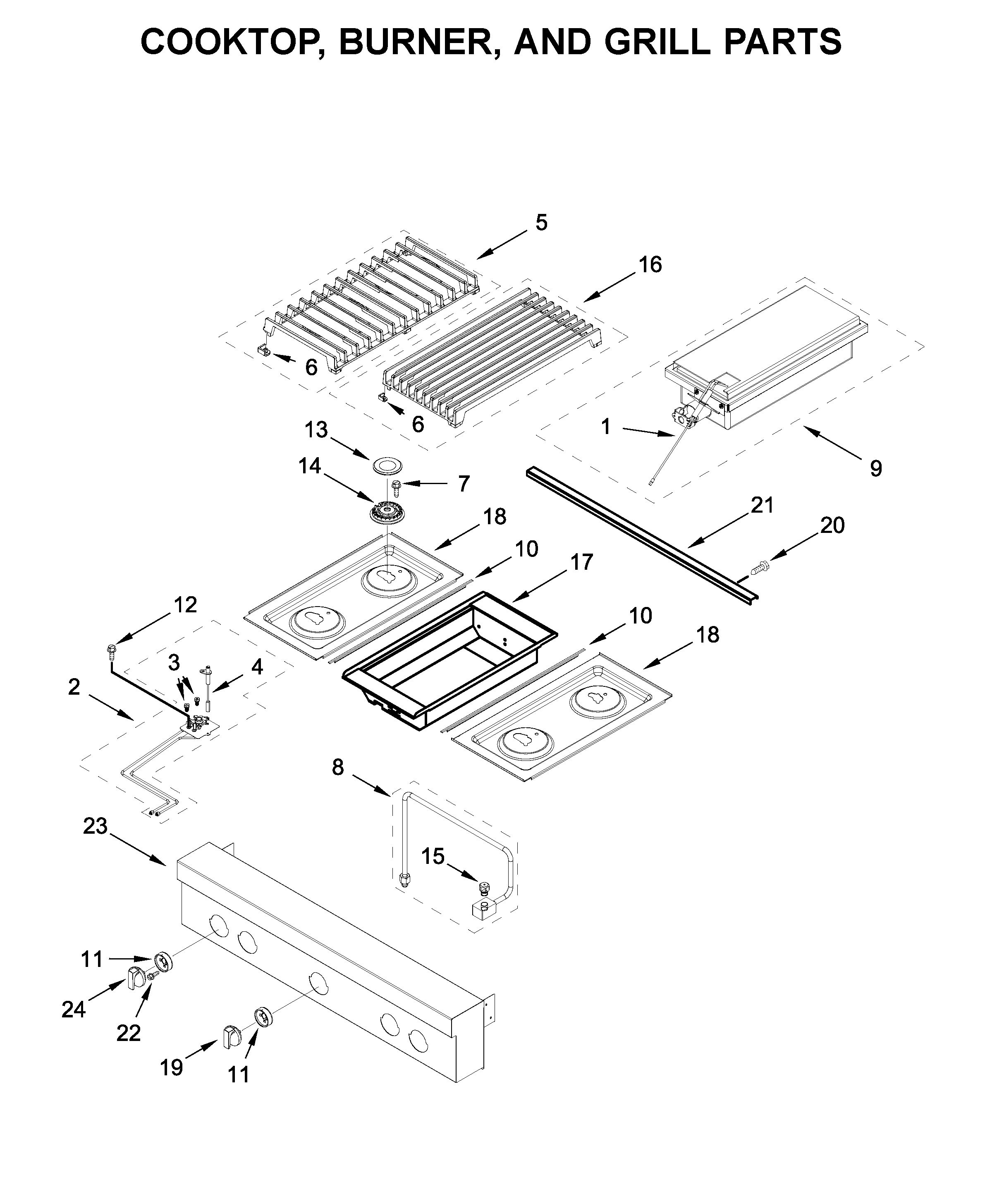 Cooktop, burner, and grill parts