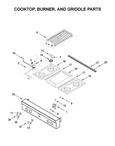 Cooktop, burner, and griddle parts
