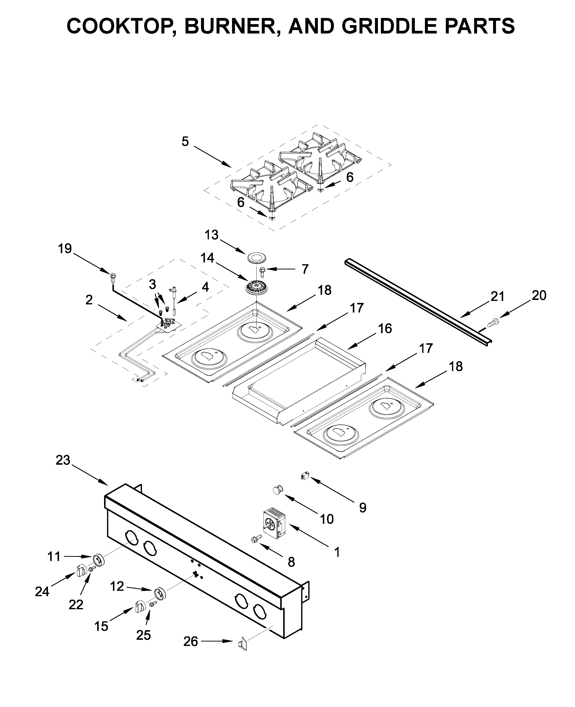 Cooktop, burner, and griddle parts