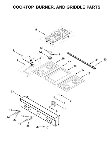 Cooktop, burner, and griddle parts