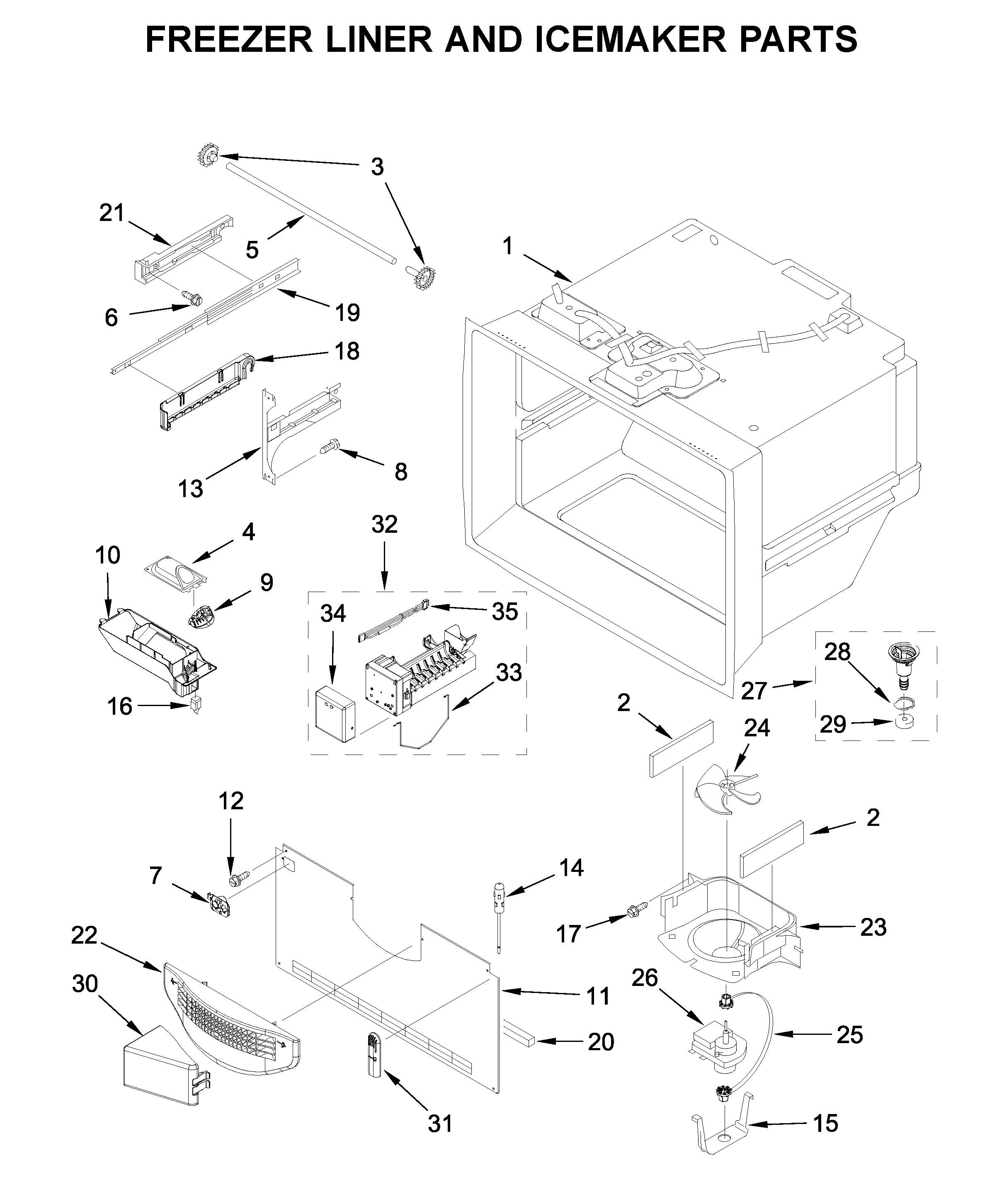Freezer liner and icemaker parts