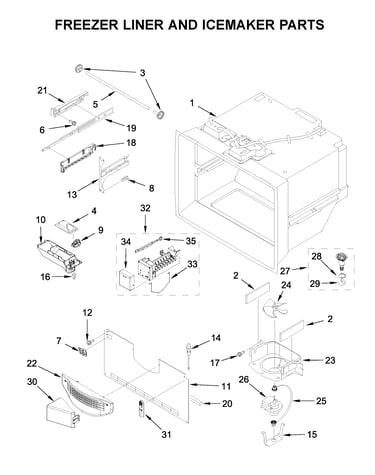 Freezer liner and icemaker parts