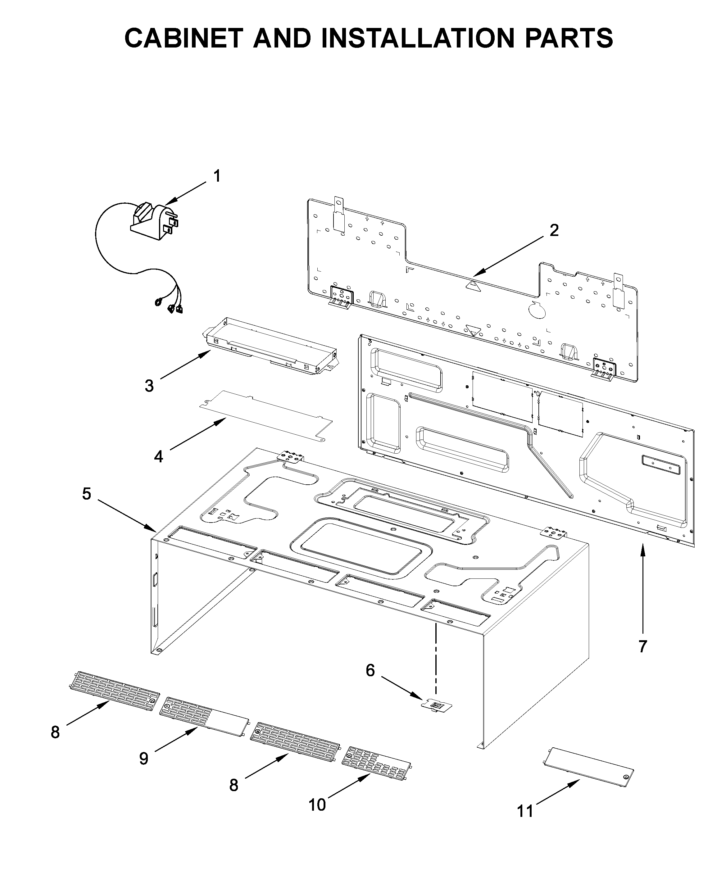 Cabinet and installation parts