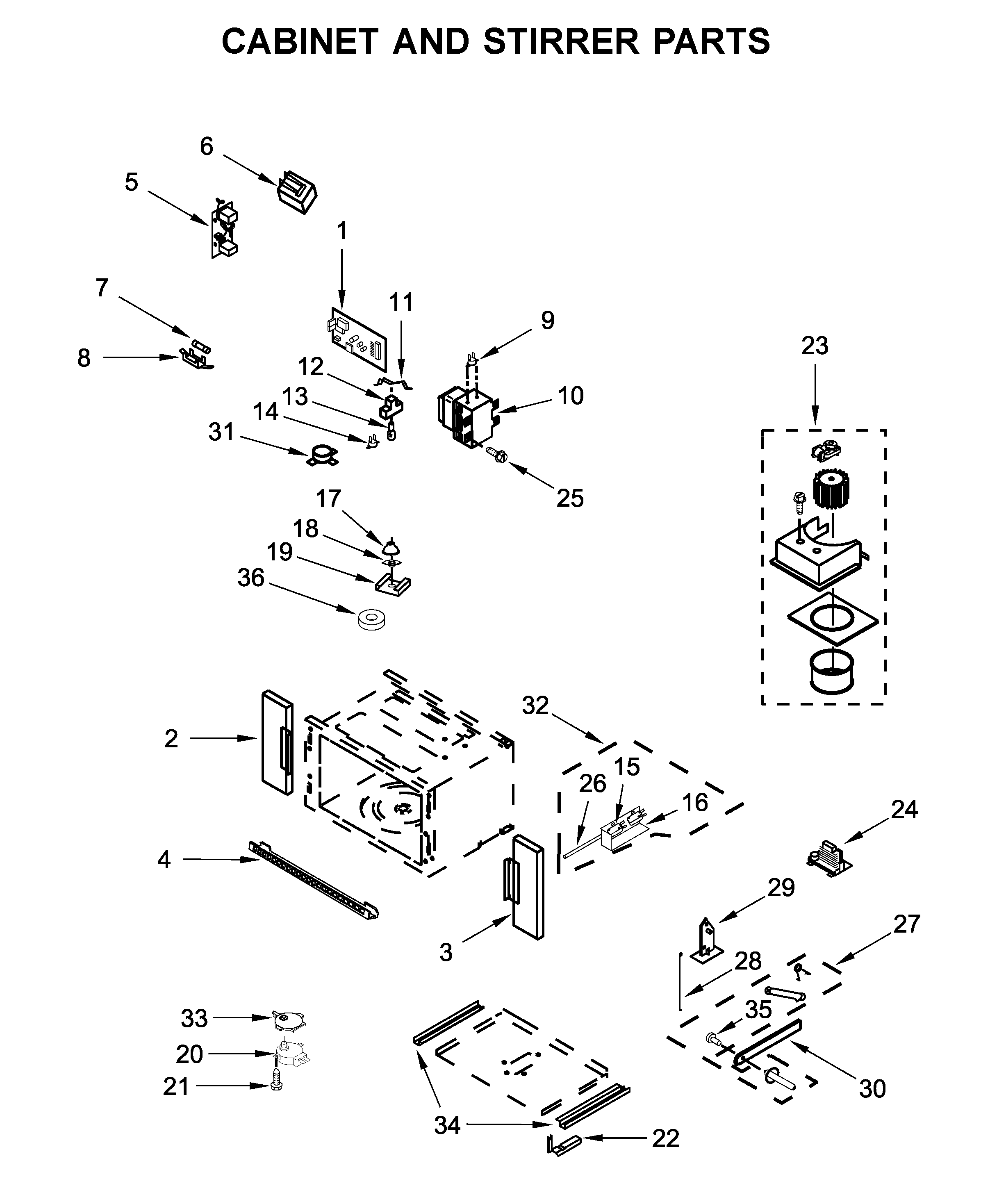 Cabinet and stirrer parts