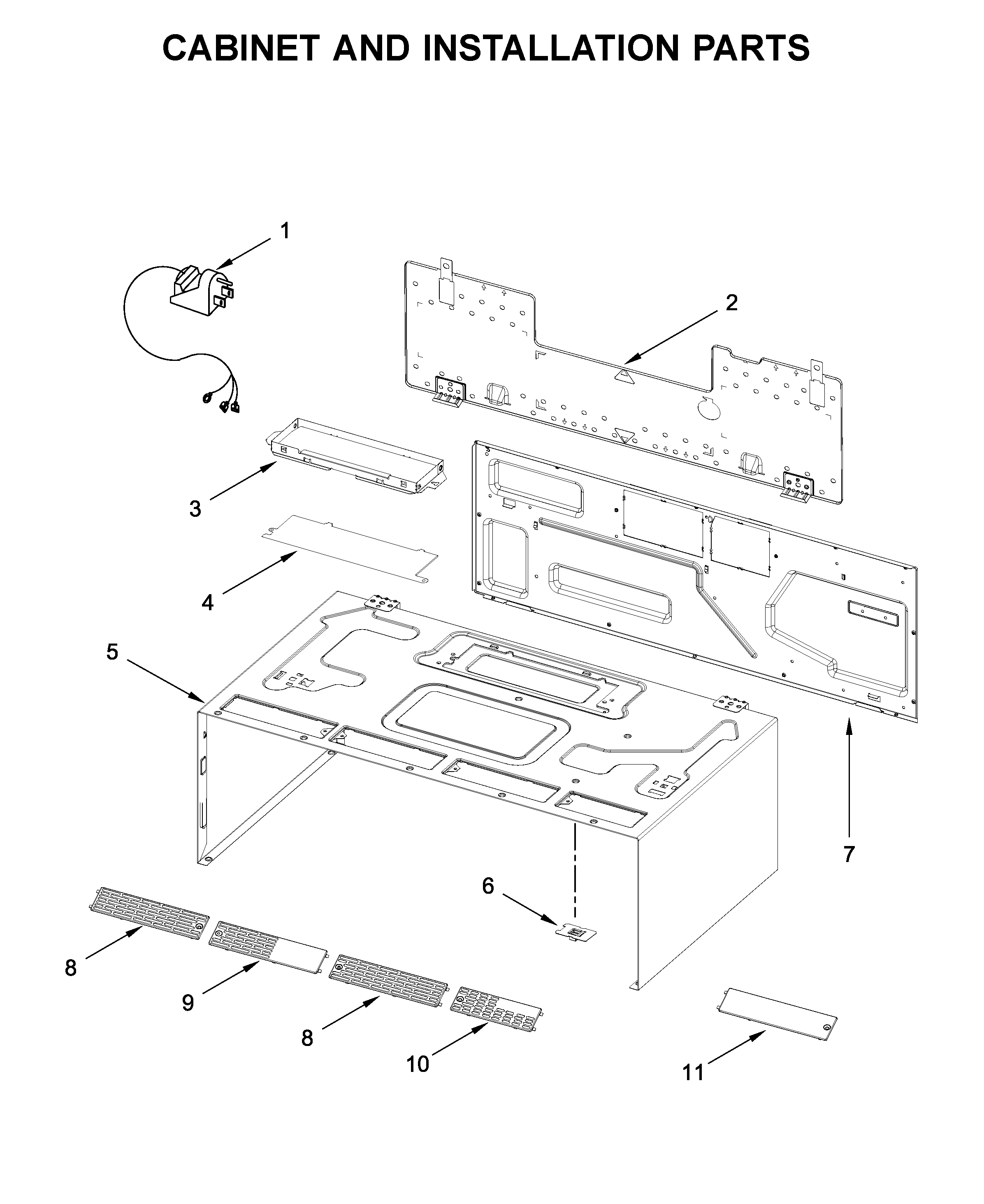Cabinet and installation parts