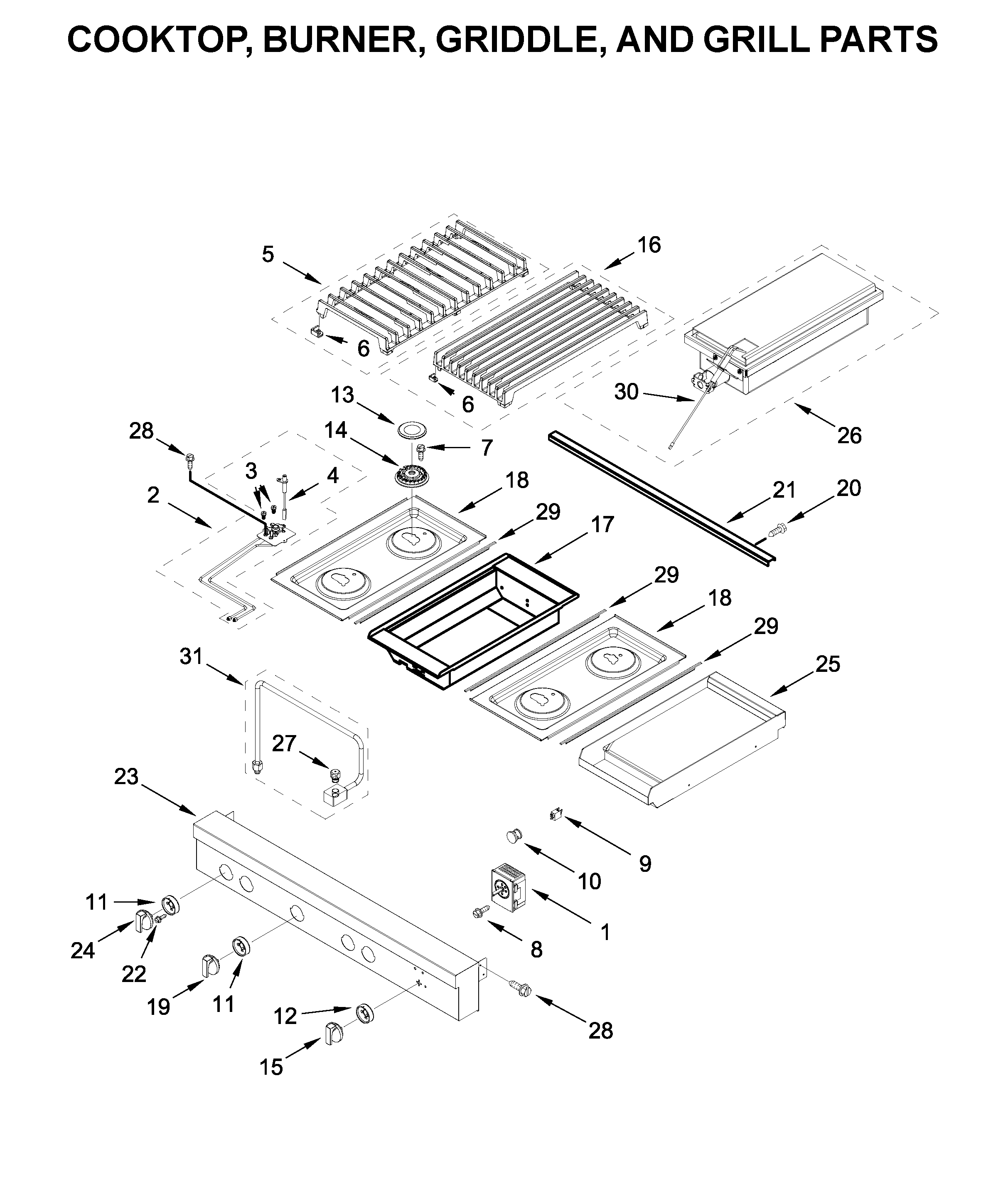 Cooktop, burner, griddle, and grill parts