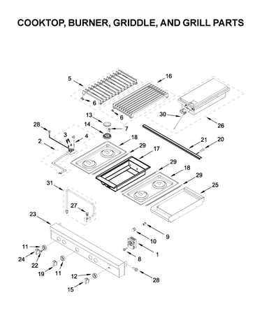 Cooktop, burner, griddle, and grill parts