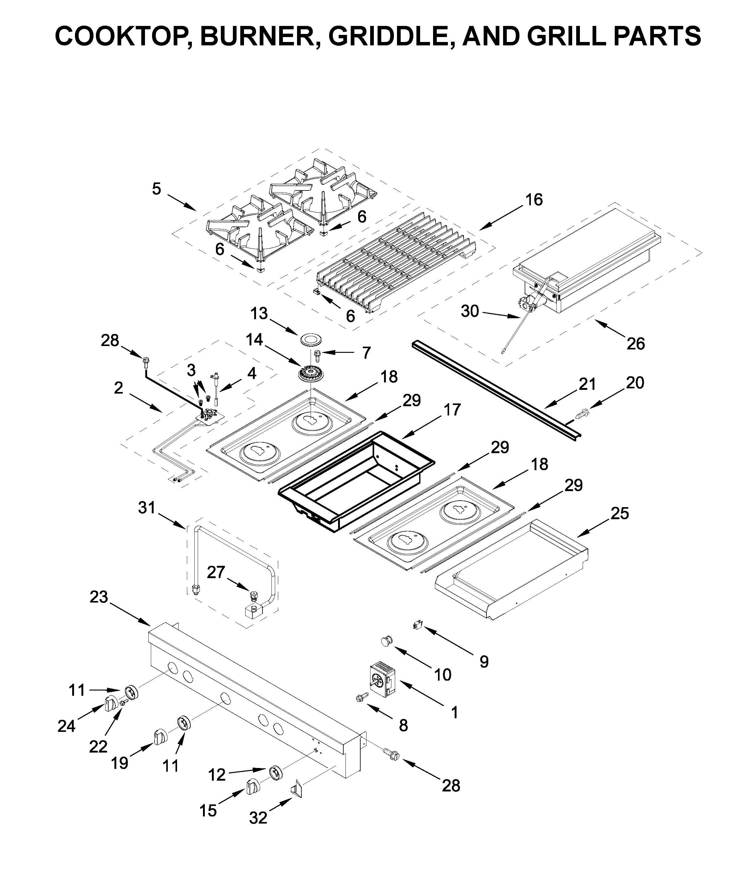 Cooktop, burner, griddle, and grill parts