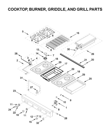 Cooktop, burner, griddle, and grill parts