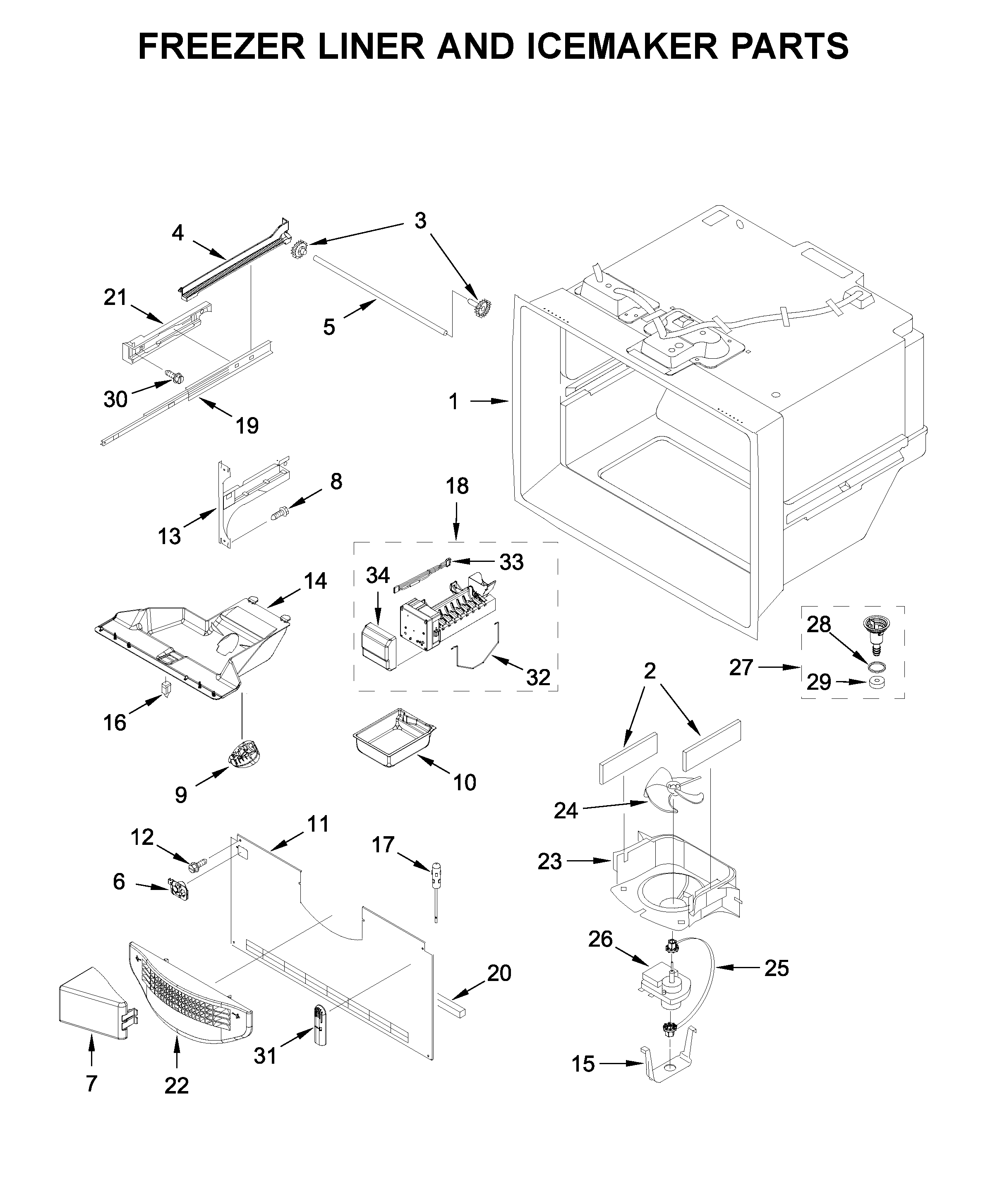 Freezer liner and icemaker parts