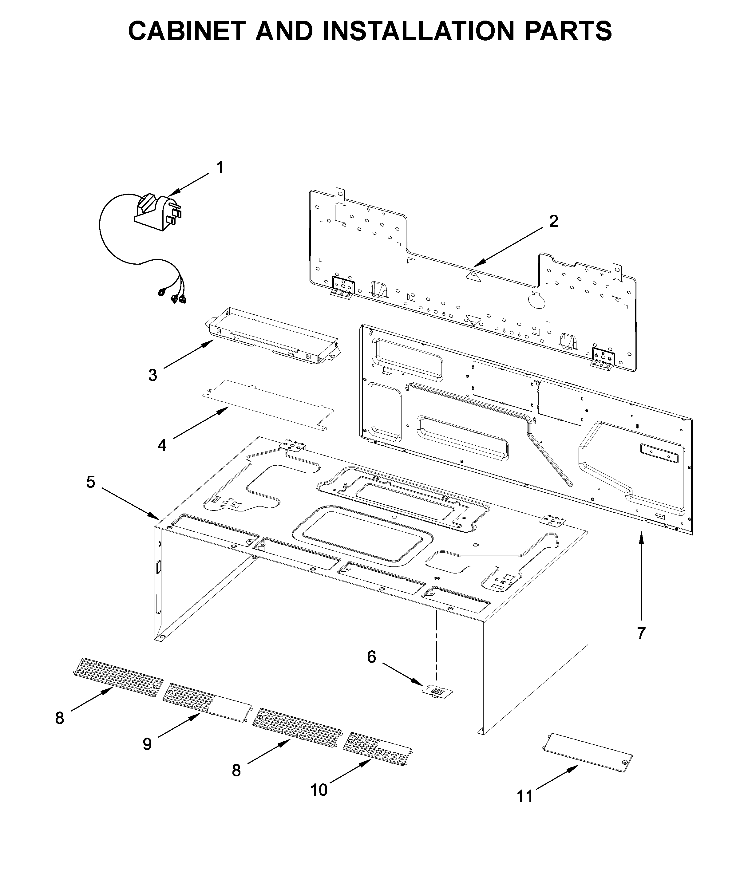 Cabinet and installation parts